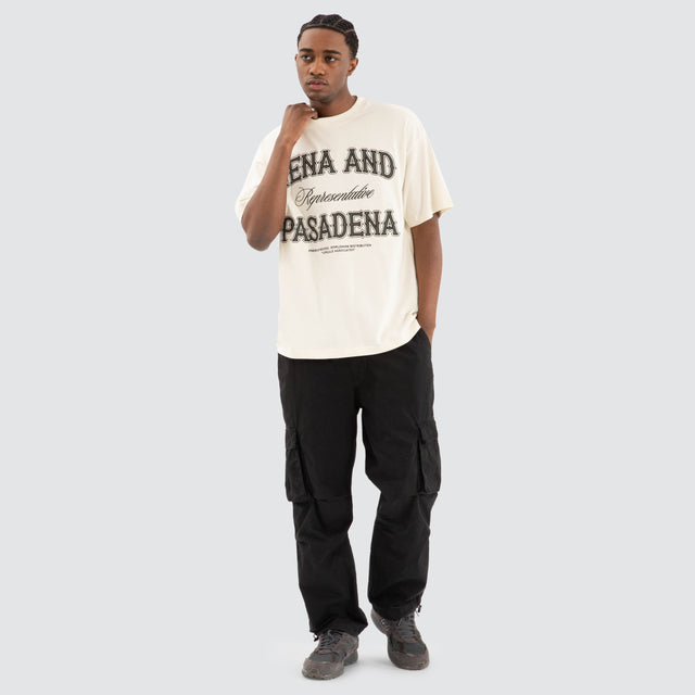 Model Wears Siege Raptor Tee Tofu Cream T-Shirts in Beige - Image 2