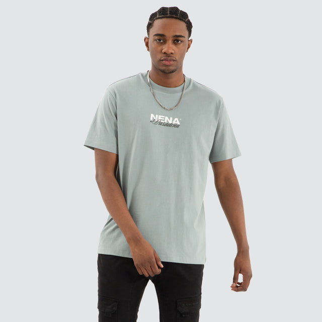 Model Wears Hope Classic Fit Tee Lead Blue T-Shirts in Blue - Image 1