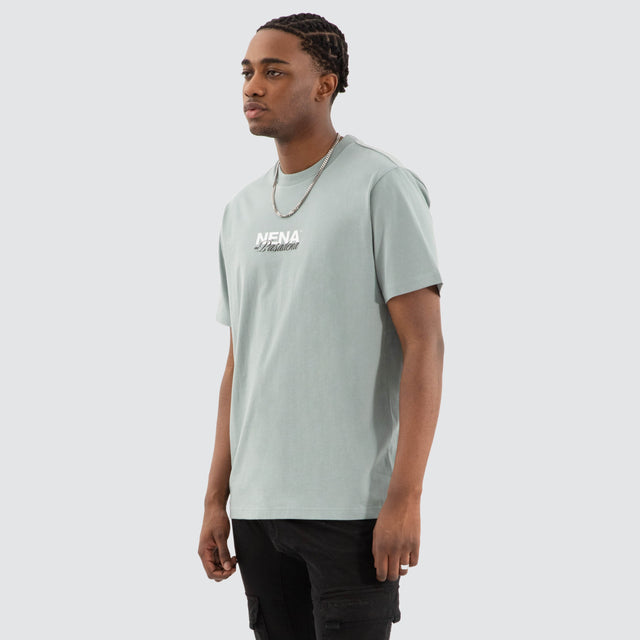 Model Wears Hope Classic Fit Tee Lead Blue T-Shirts in Blue - Image 4