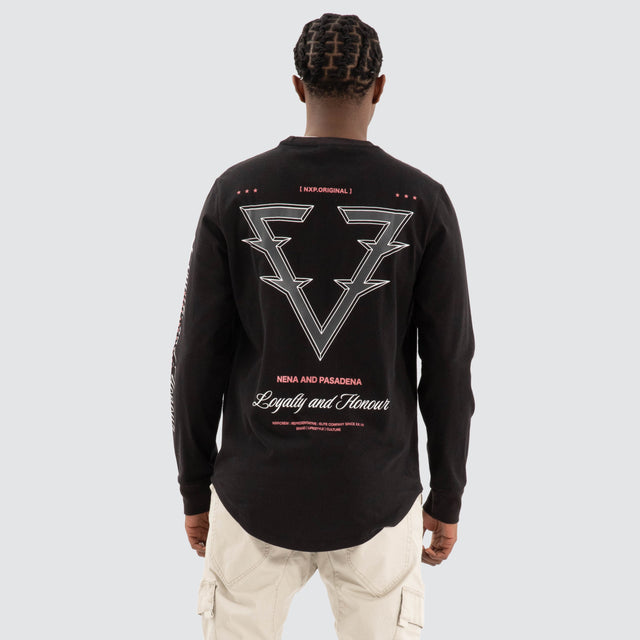Model Wears Raging Dual Curved LS Tee Jet black Longsleeve T-Shirts in Black - Image 1