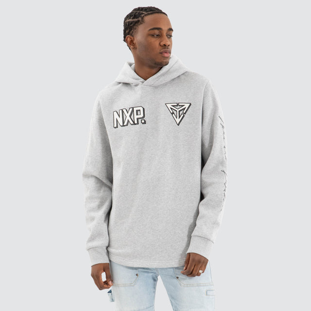 Model Wears Fury Dual Curved Hoodie Grey Marle Hoodies in Grey - Image 2