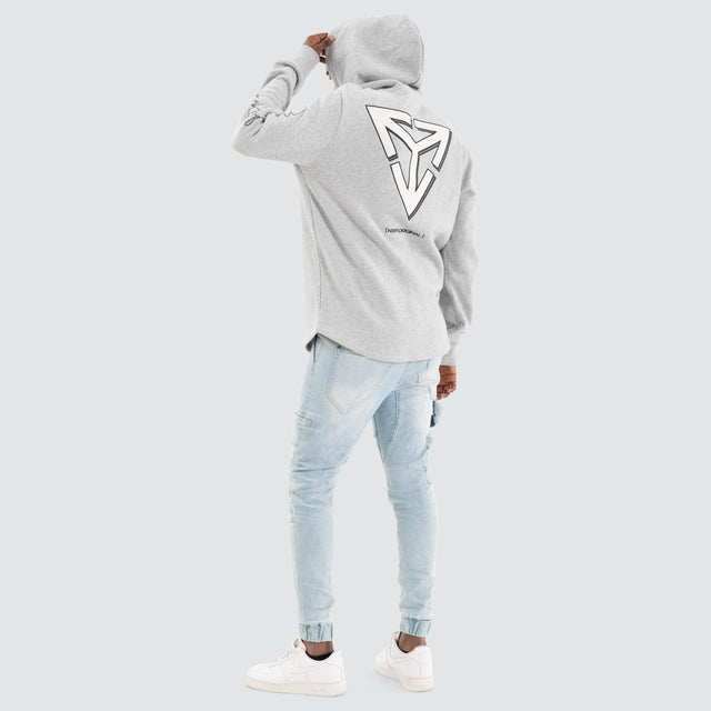 Model Wears Fury Dual Curved Hoodie Grey Marle Hoodies in Grey - Image 4