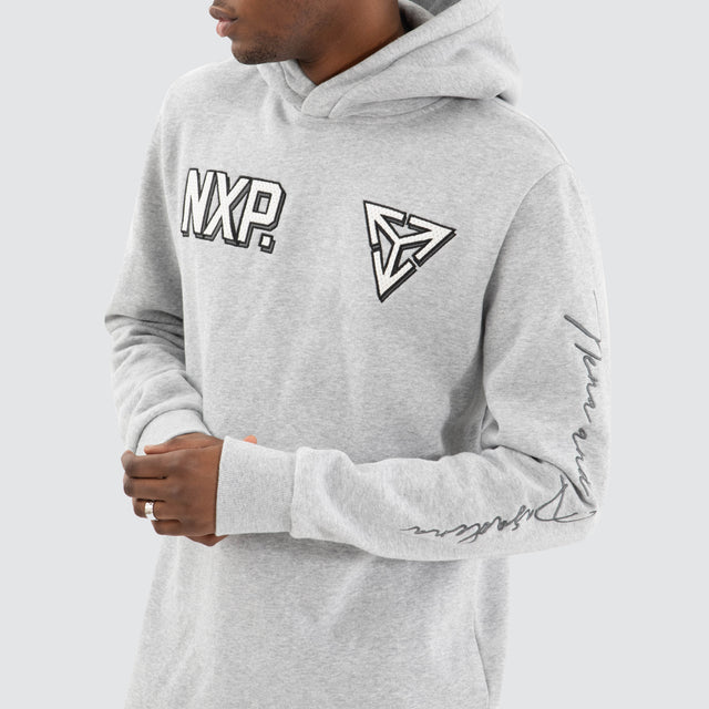 Model Wears Fury Dual Curved Hoodie Grey Marle Hoodies in Grey - Image 5
