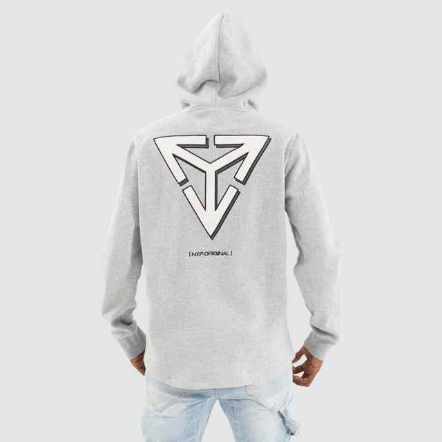 Model Wears Fury Dual Curved Hoodie Grey Marle Hoodies in Grey - Image 1