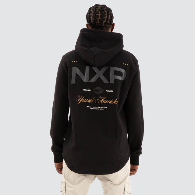 Model Wears Wild Dual Curved Hoodie Jet black Hoodies in Black - Image 3