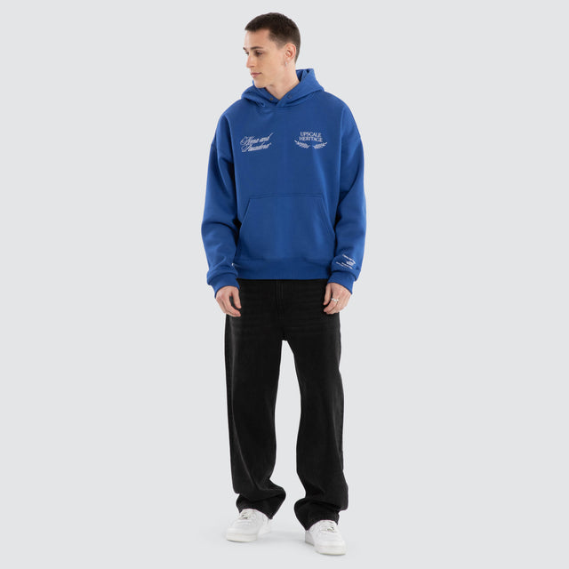 Model Wears Etiquette Box Fit Hoodie Cobalt Blue Hoodies in Blue - Image 5