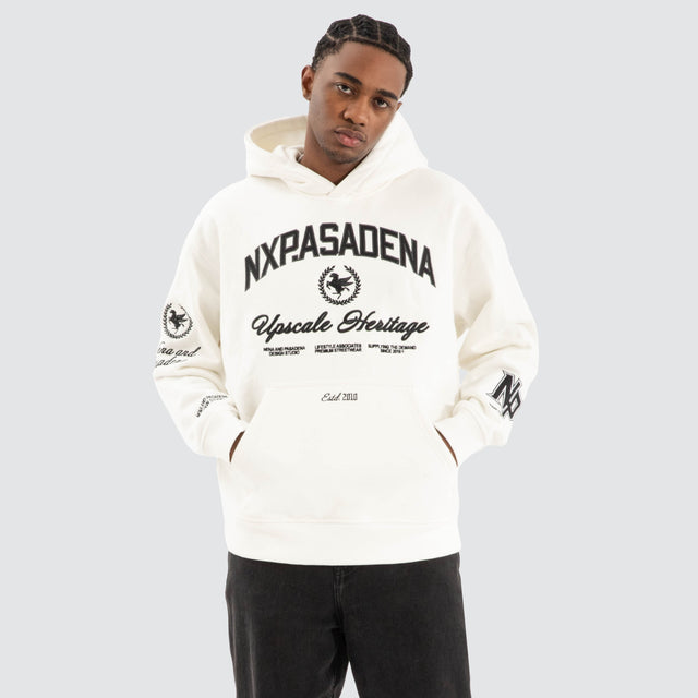 Model Wears Thrill Relaxed Hoodie Natural White Hoodies in White - Image 1