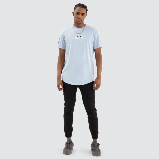 Model Wears Legion Dual Curved Tee Skyway Blue T-Shirts in Blue - Image 3