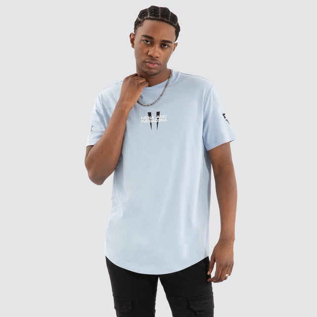 Model Wears Legion Dual Curved Tee Skyway Blue T-Shirts in Blue - Image 1