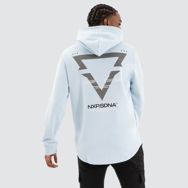 Model Wears Defend Dual Curved Hoodie Skyway Blue Hoodies in Blue - Image 1