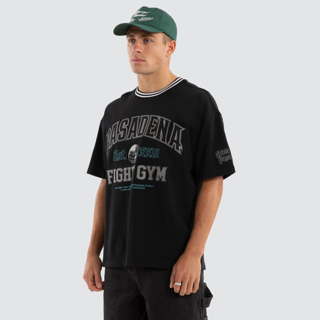 Model Wears Millennia Loopback Raptor Tee Anthracite Black T-Shirts in Black - Image 4
