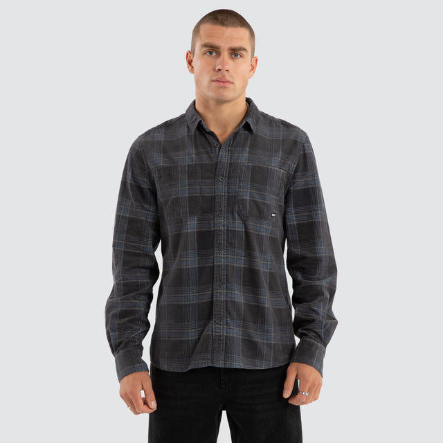 Model Wears Fiction Cord Longsleeve Shirt Blue Check Long Sleeve Shirts in Blue - Image 1