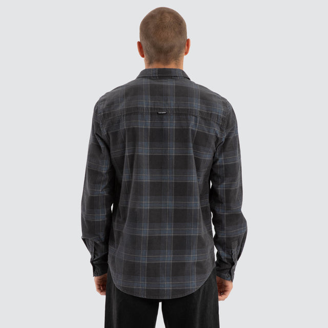 Model Wears Fiction Cord Longsleeve Shirt Blue Check Long Sleeve Shirts in Blue - Image 2