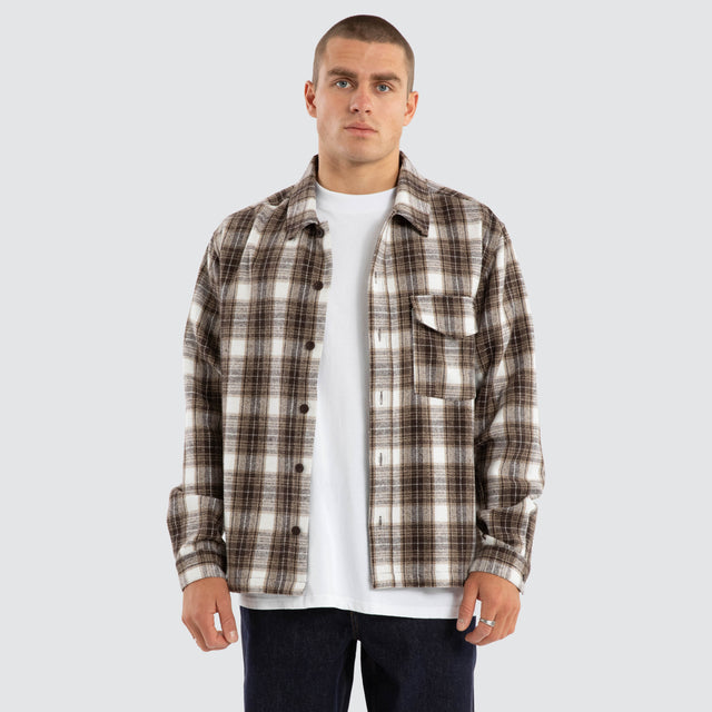 Model Wears Prime Overshirt Tan Check Long Sleeve Shirts in Brown - Image 1