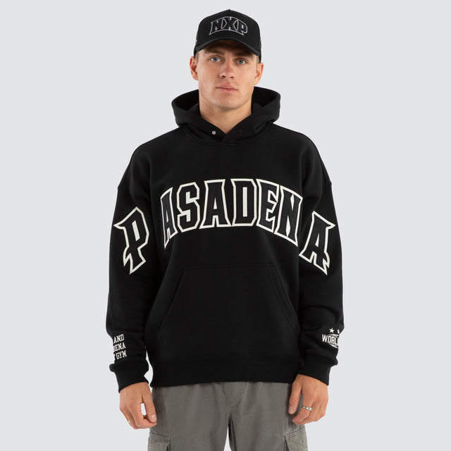 Model Wears Fence Box Fit Hoodie Jet Black Hoodies in Black - Image 1