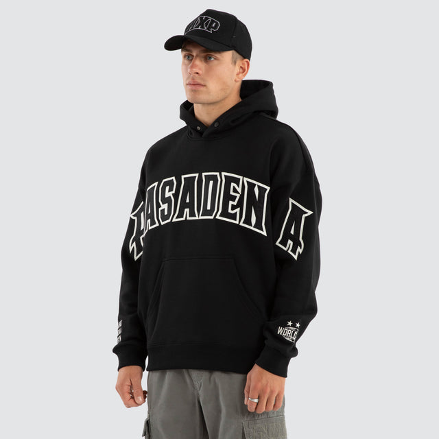 Model Wears Fence Box Fit Hoodie Jet Black Hoodies in Black - Image 4