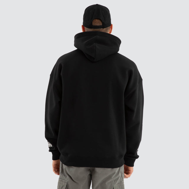 Model Wears Fence Box Fit Hoodie Jet Black Hoodies in Black - Image 2
