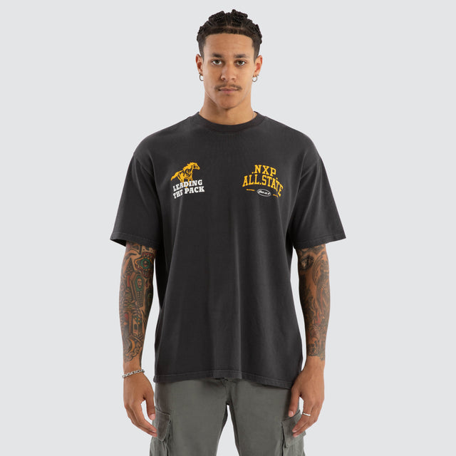 Model wears All State Box Fit Tee Pigment Black T-Shirts in Black - Image 2
