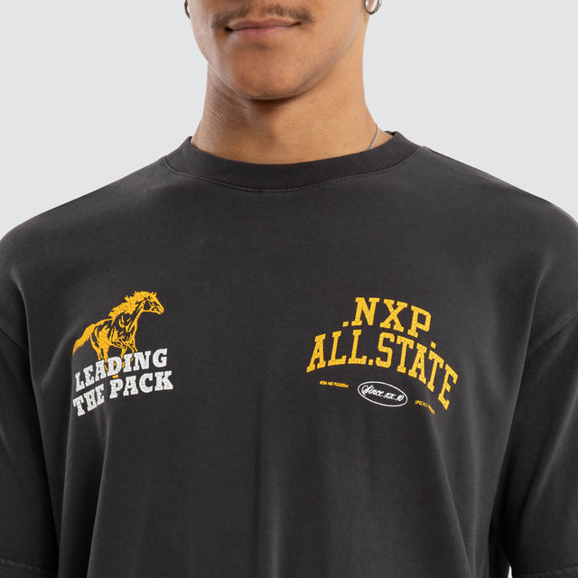 Model wears All State Box Fit Tee Pigment Black T-Shirts in Black - Image 6