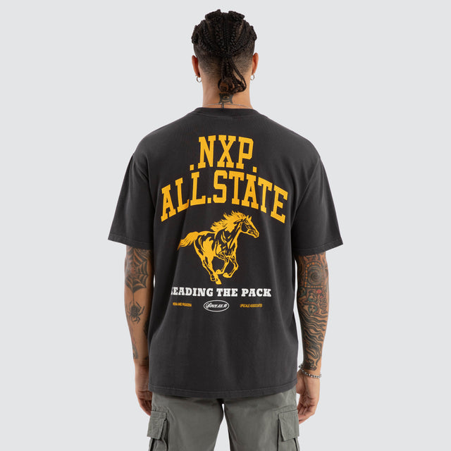 Model wears All State Box Fit Tee Pigment Black T-Shirts in Black - Image 1