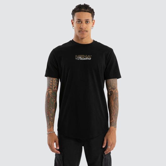 Model wears Veered Curved Hem Tee Jet Black T-Shirts in Black - Image 2