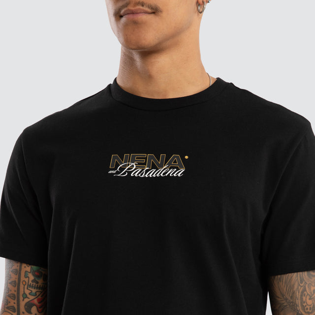 Model wears Veered Curved Hem Tee Jet Black T-Shirts in Black - Image 6