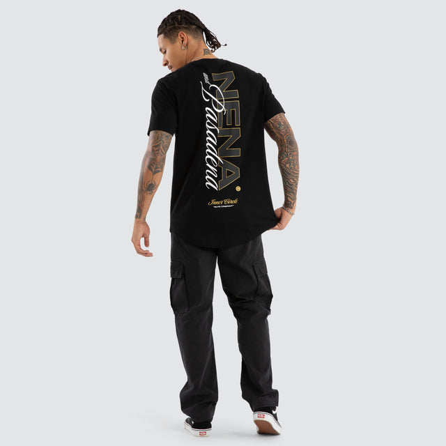 Model wears Veered Curved Hem Tee Jet Black T-Shirts in Black - Image 4