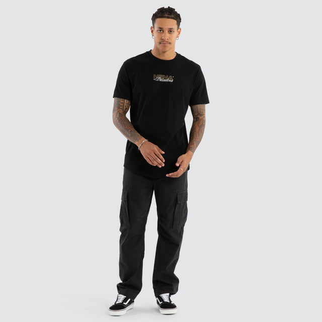 Model wears Veered Curved Hem Tee Jet Black T-Shirts in Black - Image 5