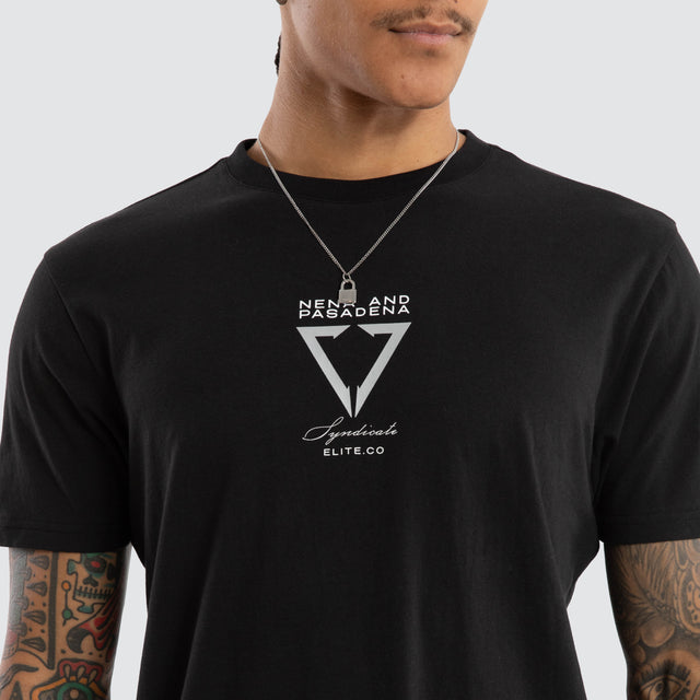 Model wears Wave Curved Hem Tee Jet Black T-Shirts in Black - Image 6