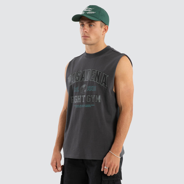 Model wears March Heavyweight Box Fit Muscle Tee in Asphalt Grey Muscle Tees in Grey - Image 3