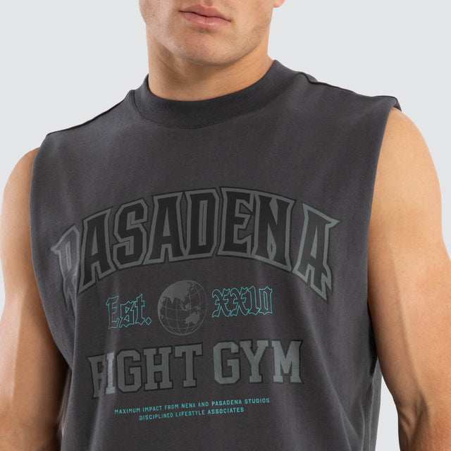 Model wears March Heavyweight Box Fit Muscle Tee in Asphalt Grey Muscle Tees in Grey - Image 6