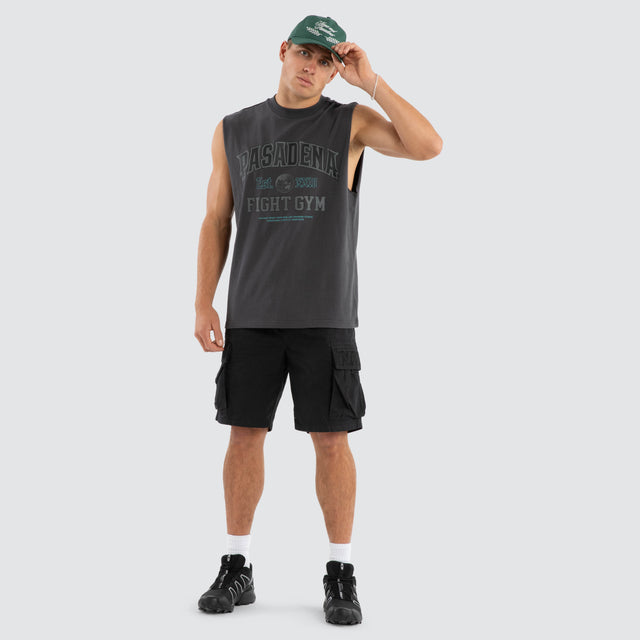 Model wears March Heavyweight Box Fit Muscle Tee in Asphalt Grey Muscle Tees in Grey - Image 4