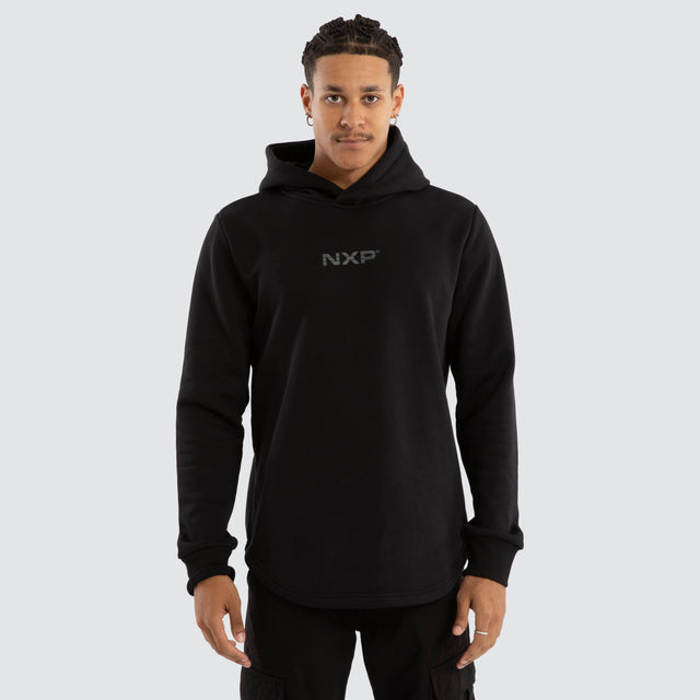 Model wears Black Line Curved Hem Hoodie Jet Black Hoodies in Black - Image 2