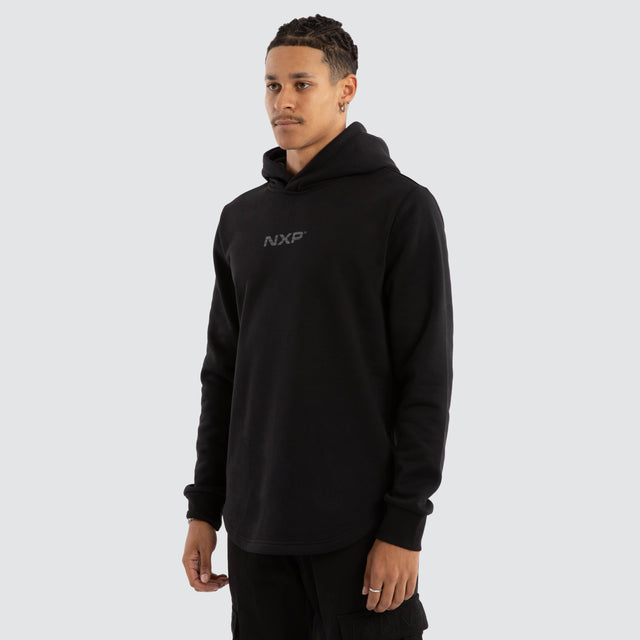 Model wears Black Line Curved Hem Hoodie Jet Black Hoodies in Black - Image 3