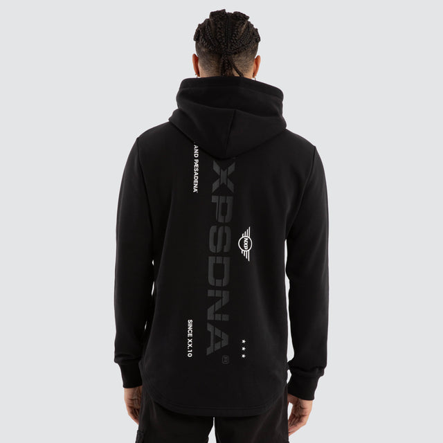 Model wears Black Line Curved Hem Hoodie Jet Black Hoodies in Black - Image 1