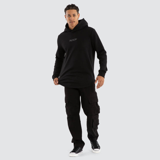 Model wears Black Line Curved Hem Hoodie Jet Black Hoodies in Black - Image 5