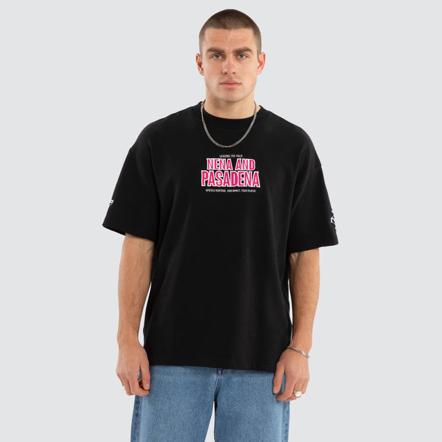 Model wears Player Loopback Raptor Tee Anthracite Black T-Shirts in Black - Image 1
