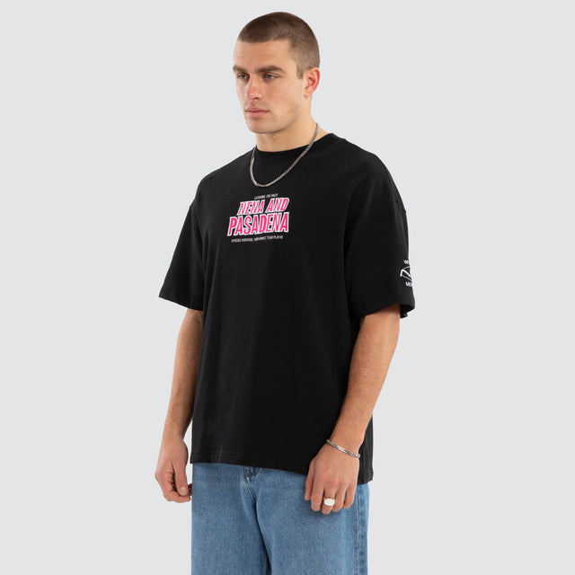 Model wears Player Loopback Raptor Tee Anthracite Black T-Shirts in Black - Image 2