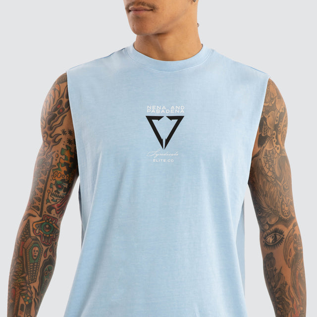 Model wears Warping Relaxed Muscle Pigment Blue Bell Muscle Tees in Blue - Image 6