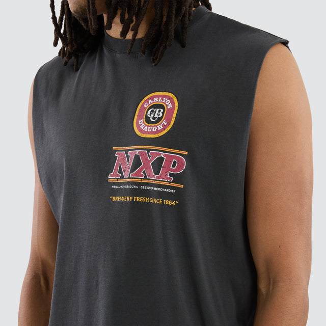 Model wears Carlton Draught Comical Relaxed Muscle Pigment Black Muscle Tees in Black - Image 4