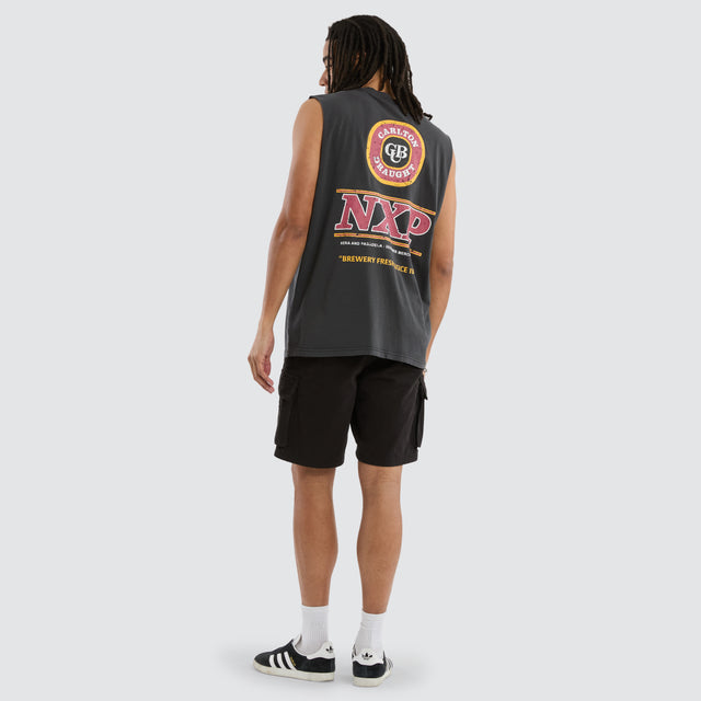 Model wears Carlton Draught Comical Relaxed Muscle Pigment Black Muscle Tees in Black - Image 5