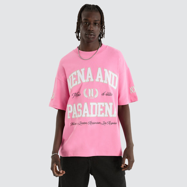 Model Wears Club Loopback Raptor Tee Pink T-Shirts in Pink - Image 1