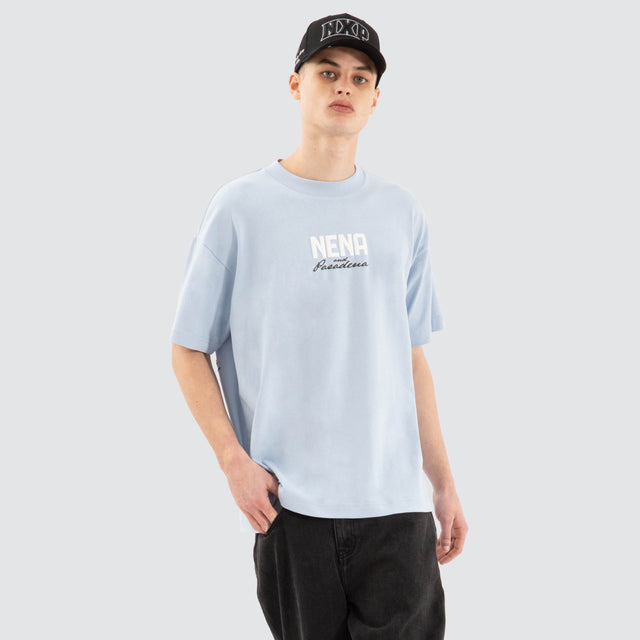 Model Wears Global Raptor Tee Skyway T-Shirts in Blue - Image 3