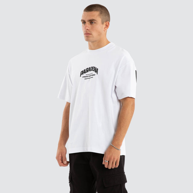 Model Wears Strive Raptor Tee Optical White T-Shirts in White - Image 5