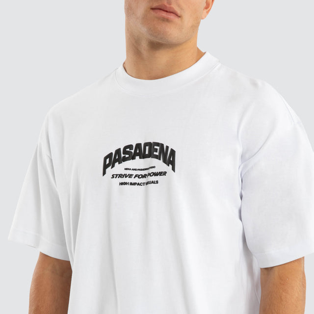 Model Wears Strive Raptor Tee Optical White T-Shirts in White - Image 4