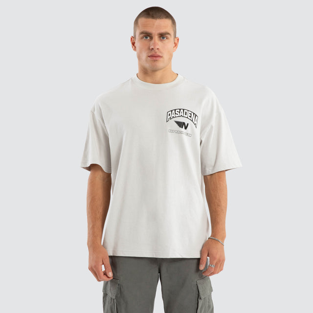 Model wears Motor Heavyweight Box Fit Tee Glacier Grey T-Shirts in Grey - Image 4