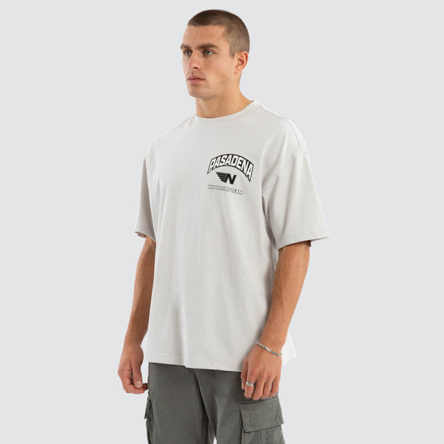 Model wears Motor Heavyweight Box Fit Tee Glacier Grey T-Shirts in Grey - Image 5