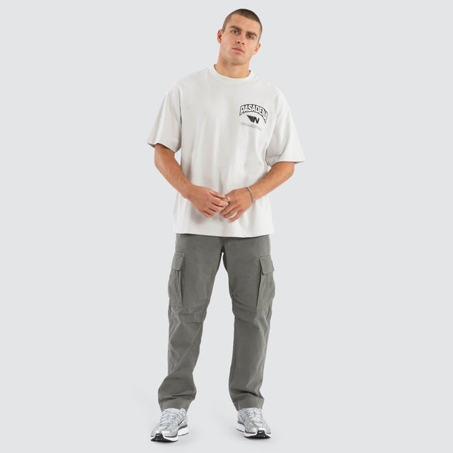 Model wears Motor Heavyweight Box Fit Tee Glacier Grey T-Shirts in Grey - Image 2