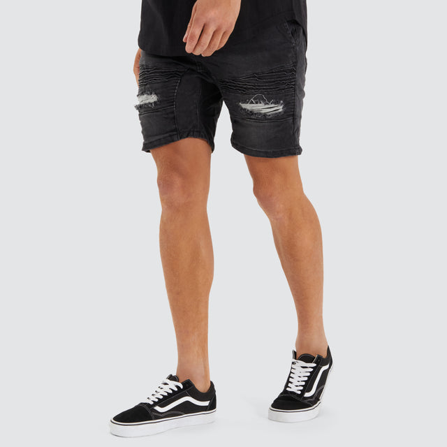 Model Wears Viper Denim Short Heavy Metal Shorts in Black - Image 2