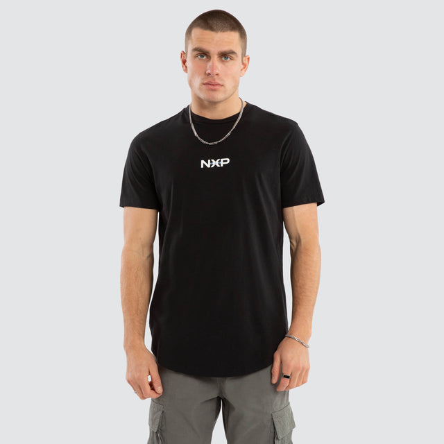 Model wears Combat Dual Curved Tee Jet Black T-Shirts in Black - Image 1
